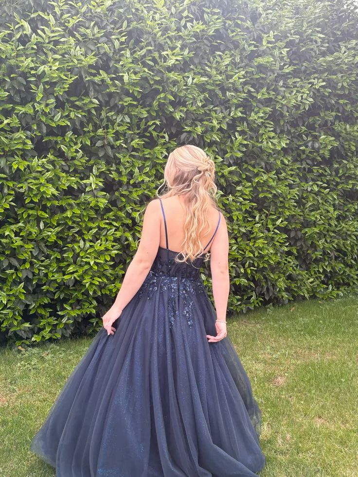 Elegant A Line Spaghetti Straps Navy Blue Tulle Sequin Long Prom Dresses Formal Dress C5084