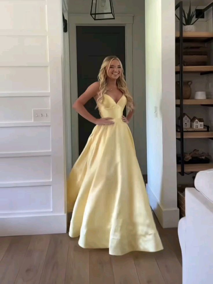 Classic A Line Spaghetti Straps Pastel Yellow Satin Long Prom Dresses Formal Dress C5092