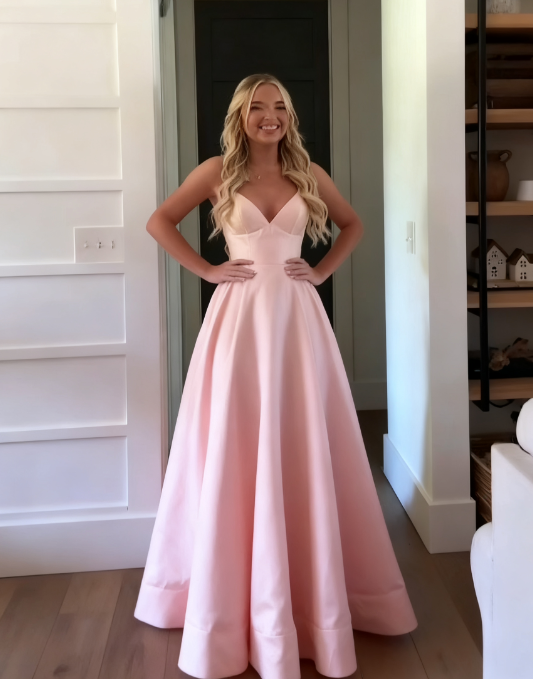 Classic A Line Spaghetti Straps Pastel Yellow Satin Long Prom Dresses Formal Dress C5092