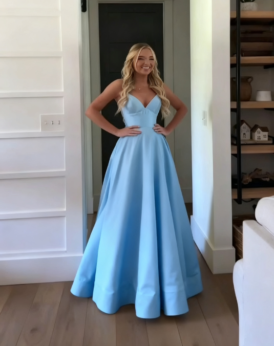 Classic A Line Spaghetti Straps Pastel Yellow Satin Long Prom Dresses Formal Dress C5092