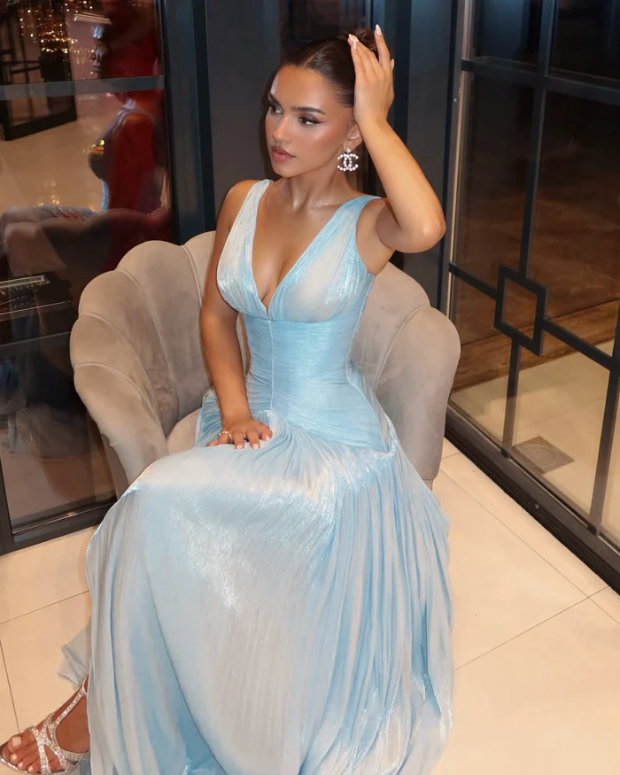 Sexy A Line V Neck Satin Slit Long Prom Dresses Formal Dress C5102