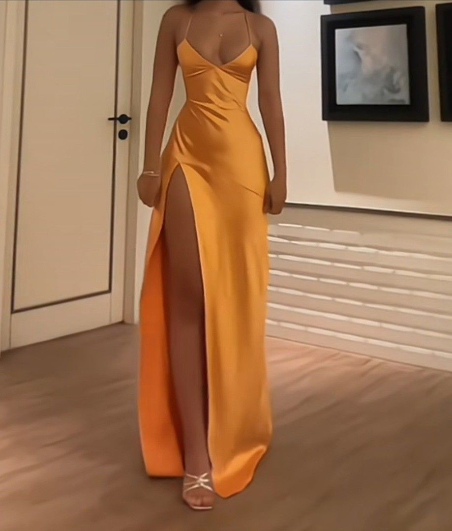 Simple Sexy Mermaid Halter Satin Slit Long Prom Dresses Formal Dress C5106