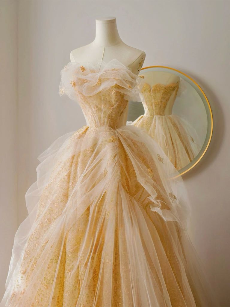 Fairy A Line Strapless Tulle Lace Long Prom Dresses Formal Dress C5123