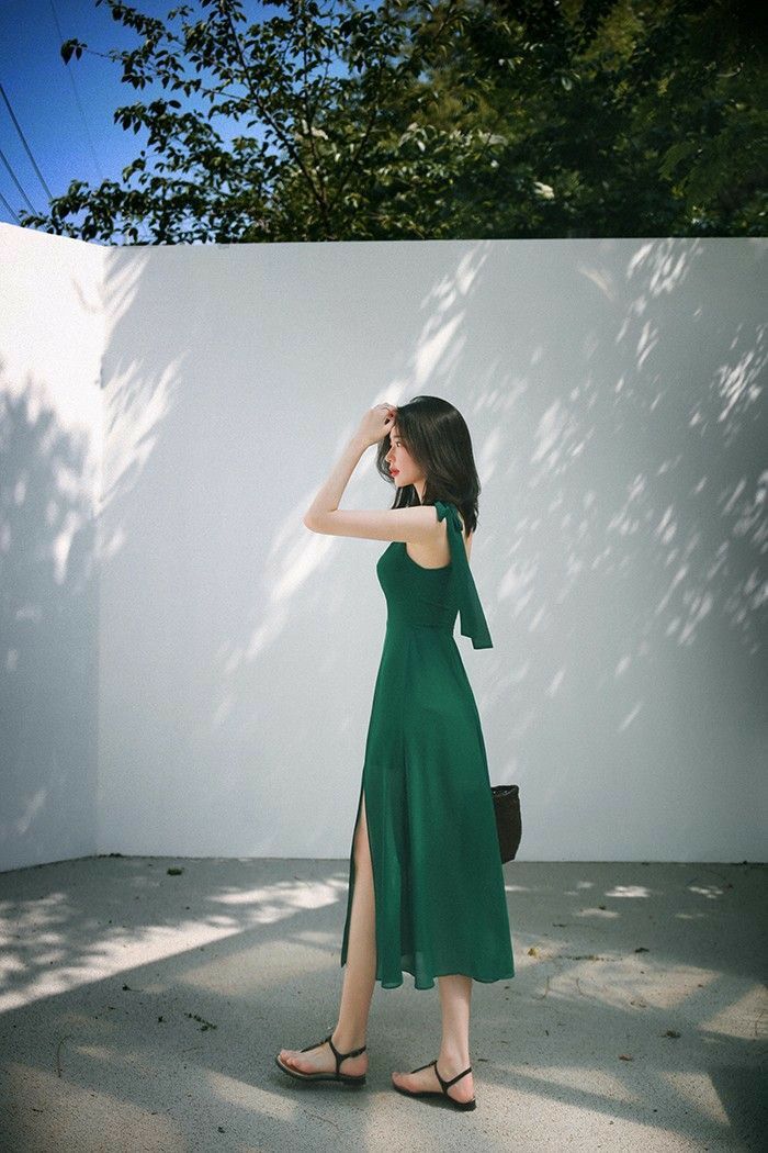 Square A Line Green Satin Slit Long Prom Dresses Formal Dress C5167