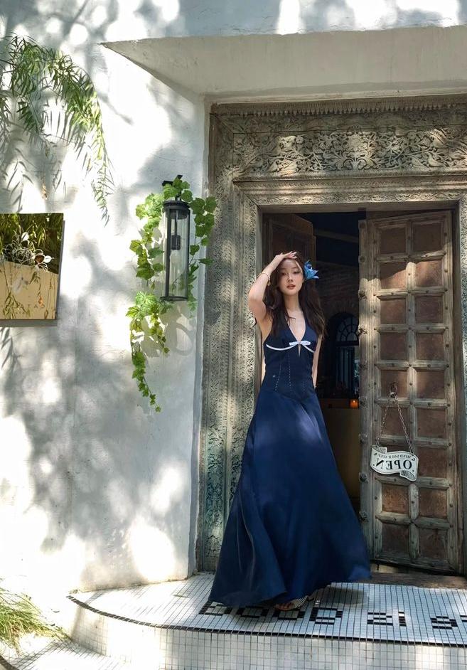 Chic A Line Halter Satin With Bow Long Prom Dresses Formal Dress C5171