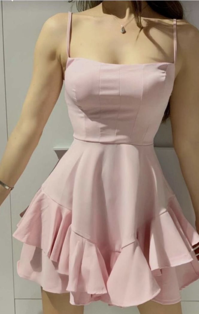Classy A Line Spaghetti Straps Pink Satin With Ruffle Hem Short Homecoming Dress 18th Birthday Outfits C5183