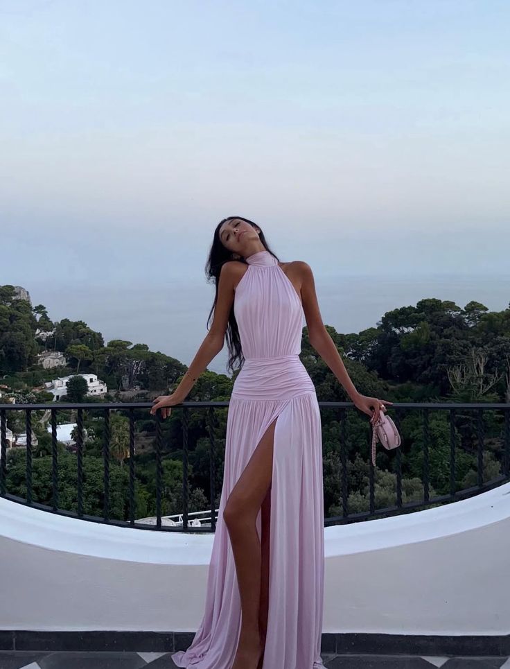 Loose A Line Halter Pink Chiffon Slit Long Prom Dresses Formal Dress C5204