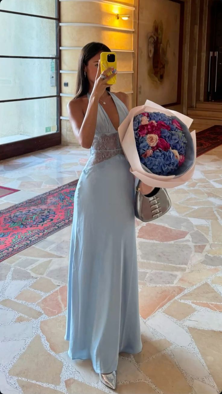 Pretty A Line Halter Satin Lace Long Prom Dresses Formal Dress C5208