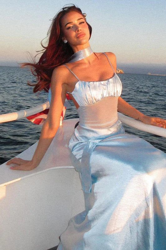 Pretty Mermaid Spaghetti Straps Satin Waist With Sheer Tulle Long Prom Dresses Formal Dress C5214