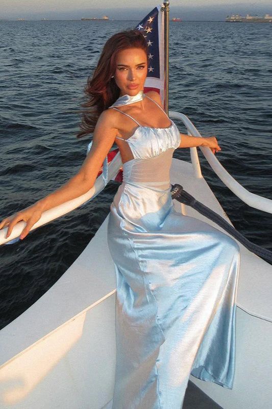 Pretty Mermaid Spaghetti Straps Satin Waist With Sheer Tulle Long Prom Dresses Formal Dress C5214