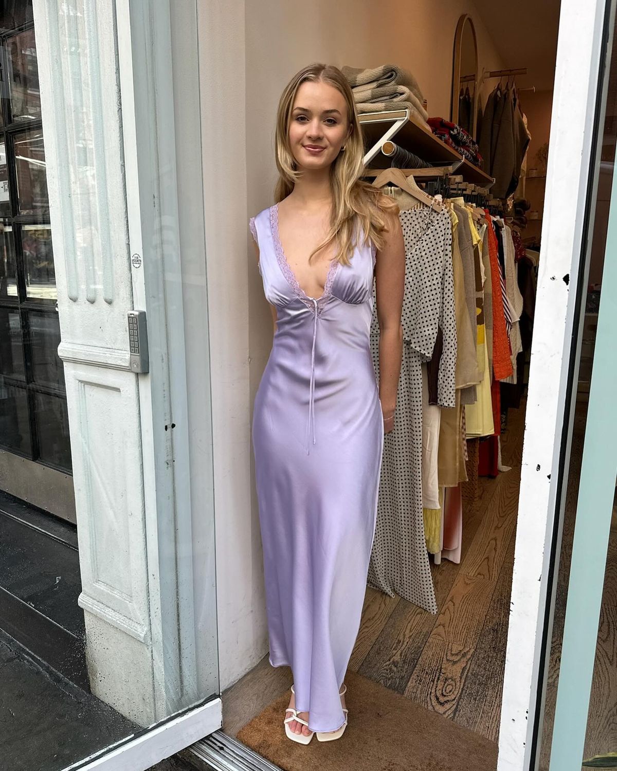 Lilac Mermaid V Neck Satin Lace Long Prom Dresses Formal Dress C5223