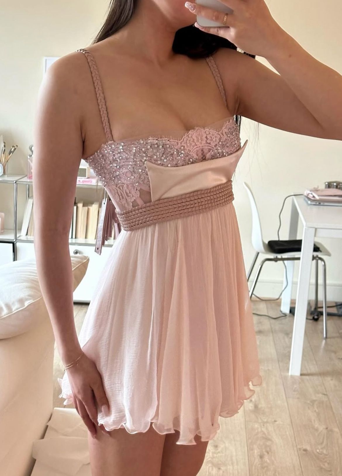 Chic Spaghetti Straps Satin Chiffon Lace Beads Mini Short Homecoming Dress 18th Birthday Outfits C5231