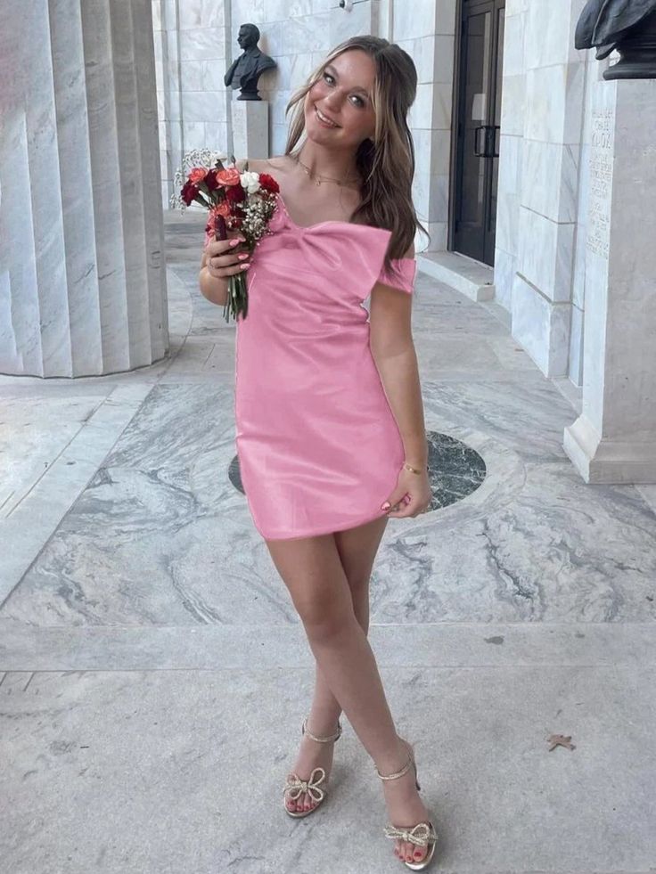 Sweet A Line Off The Shoulder Satin With Bow Mini Short Homecoming Dress 18th Birthday Outfits C5232