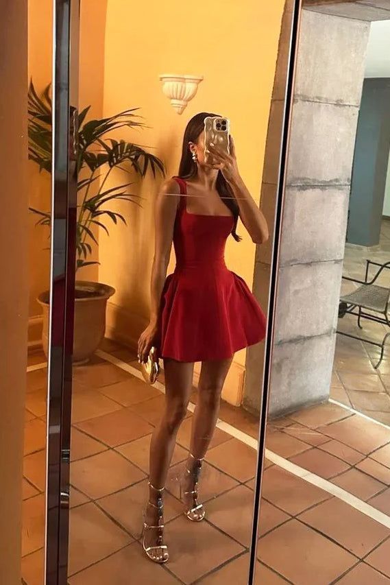 Chic A Line Square Burgundy Satin Mini Short Homecoming Dress 19th Birthday Outfits C5234