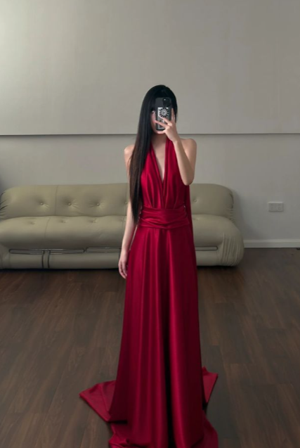 Classy Burgundy A Line Halter Satin Long Prom Dresses Formal Dress C5278