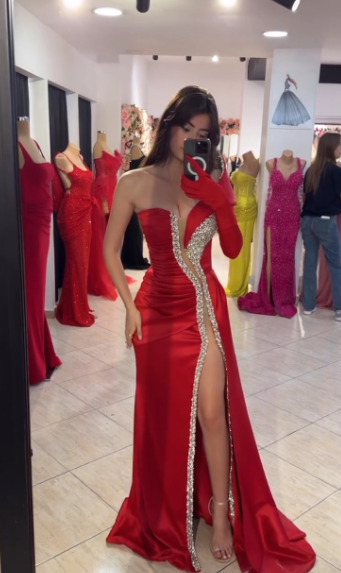 Sexy Red Mermaid One Shoulder With One Long Sleeve Satin Beads Slit Long Prom Dresses Formal Dress C5279