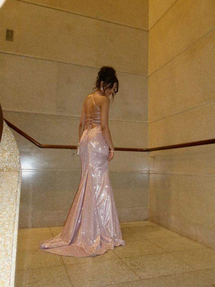 Shiny Light Pink Mermaid Spaghetti Straps Satin Sequin Long Prom Dresses Formal Dress C5323