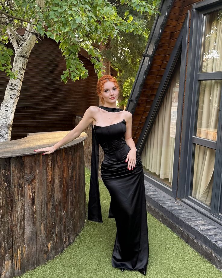 Elegant Mermaid Strapless Black Satin Long Prom Dresses Formal Dress C5346