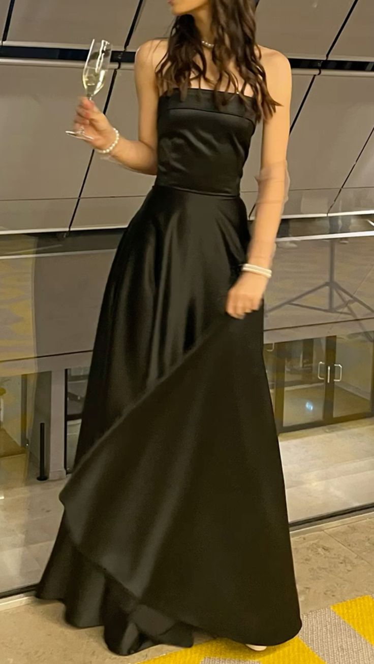Elegant A Line Strapless Black Satin Long Prom Dresses Formal Dress C5356