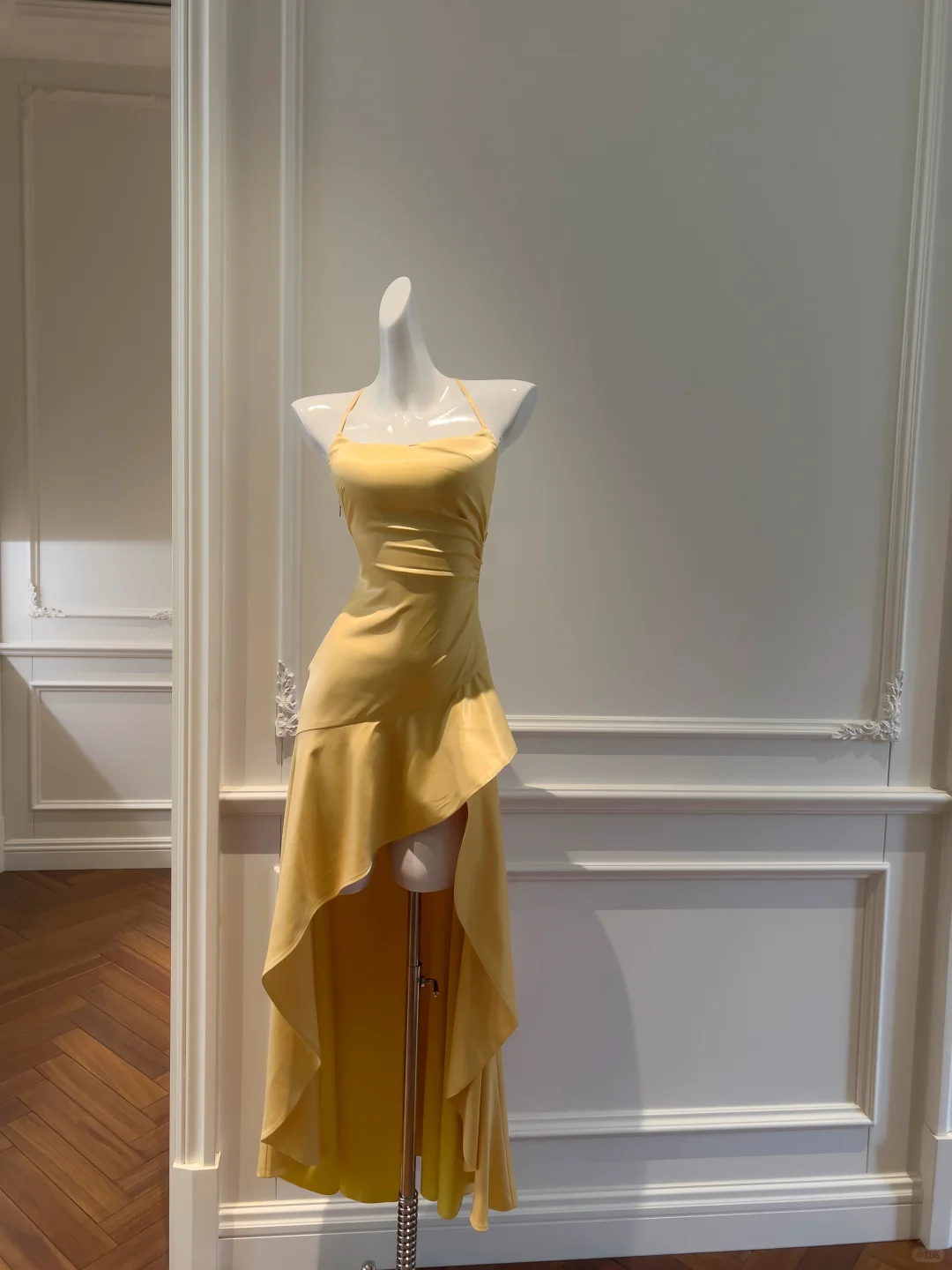 Pretty A Line Halter Yellow Satin High-Low Ruffle Hem Prom Dresses Formal Dress C5357