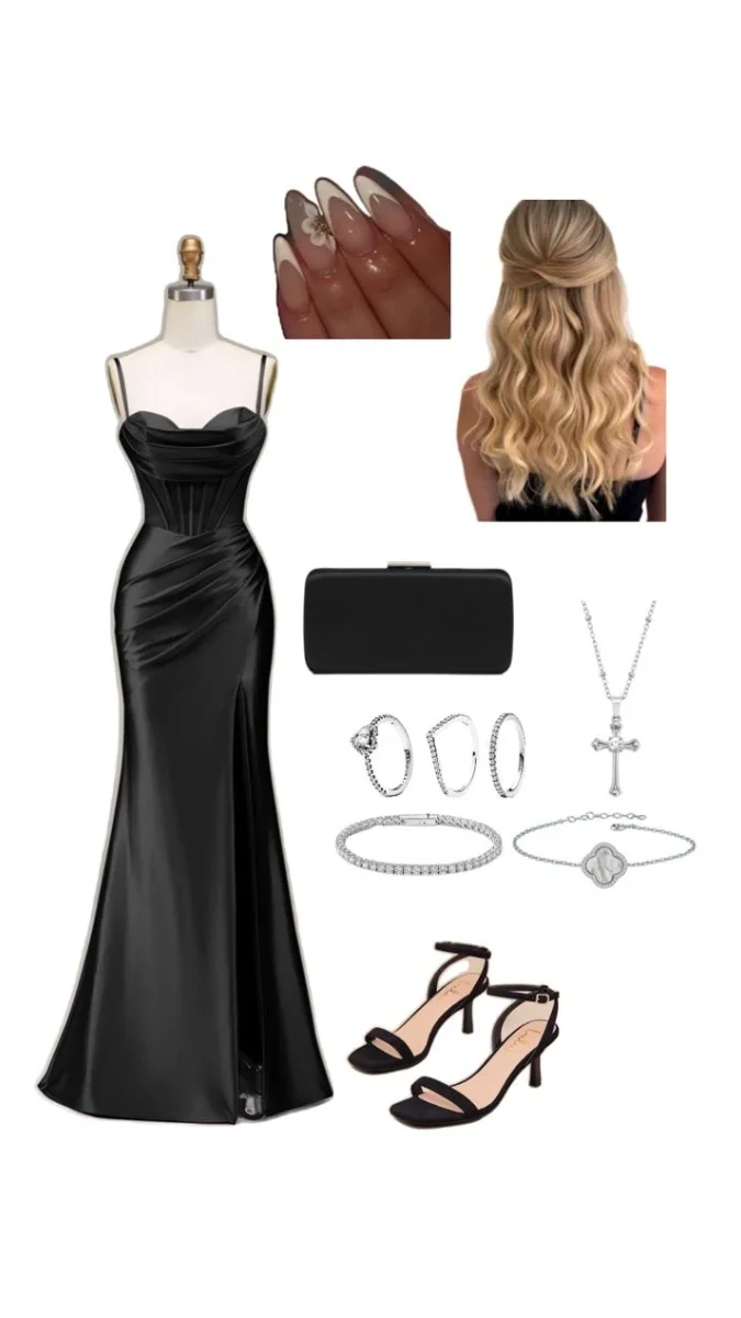 Modest Mermaid Black Spaghetti Straps Pleated Satin Slit Long Prom Dresses Formal Dress C5358