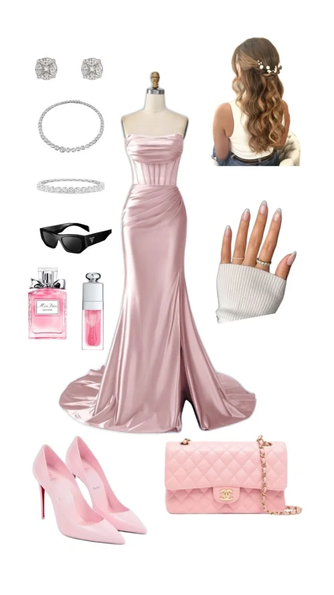 Simple Mermaid Pink Strapless Pleated Satin Slit Long Prom Dresses Formal Dress C5359