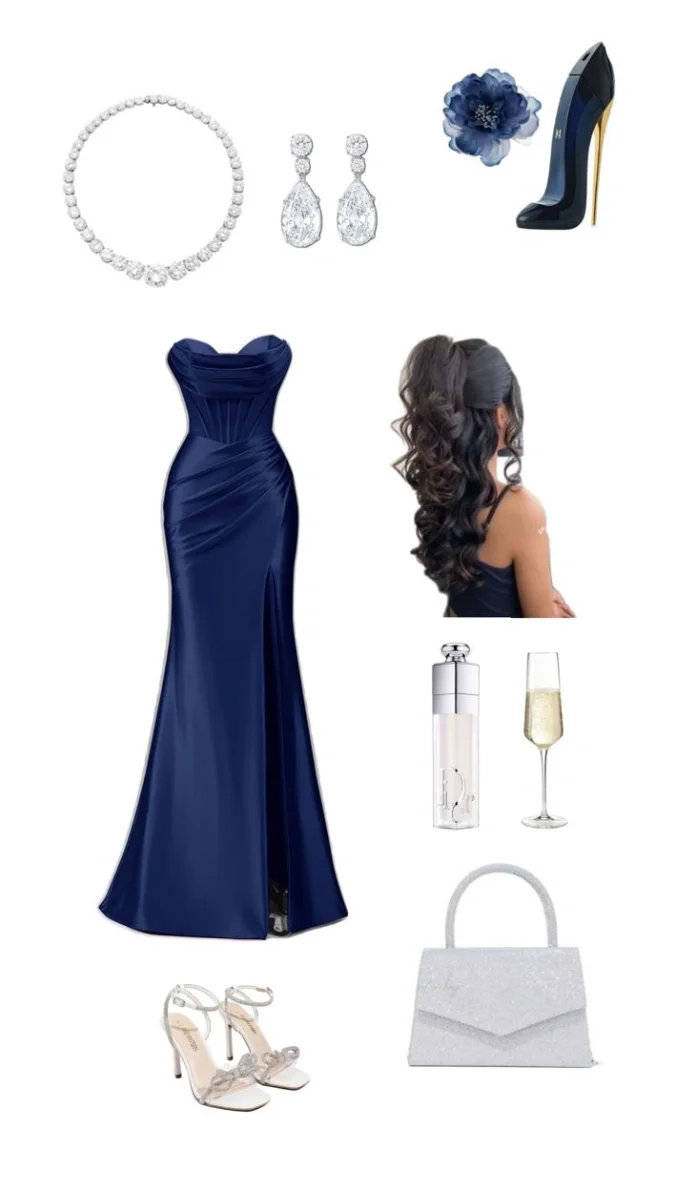 Navy Blue Mermaid Sweetheart Pleated Satin Slit Long Prom Dresses Formal Dress C5360