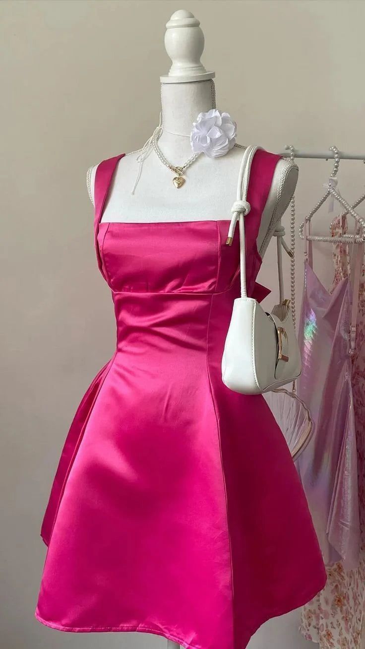 Chic Hot Pink A Line Square Satin Short Homecoming Dress 18th Birthday Outfits C5389