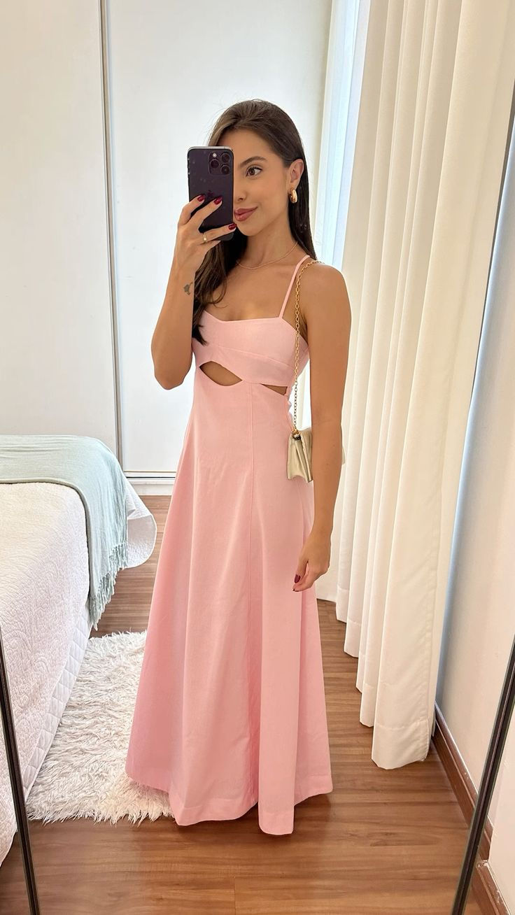 Elegant A Line Spaghetti Straps Pink Satin Hollow Long Prom Dresses Formal Dress C5628