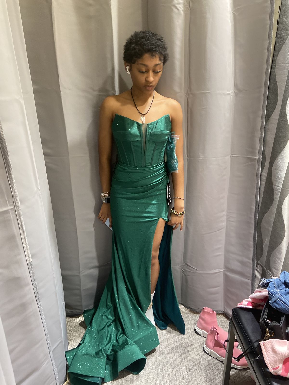 Chic Mermaid Strapless Dark Green Satin Sequin Slit Long Prom Dresses Formal Dress C5633