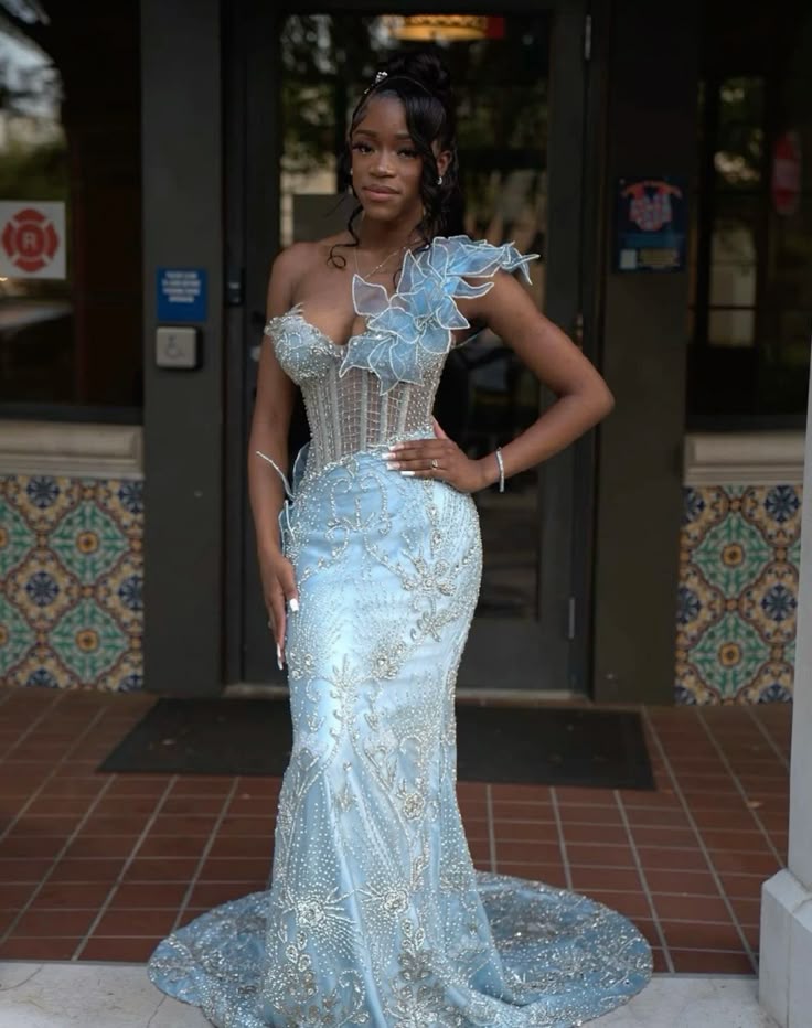 Gorgeous Mermaid One Shoulder Tulle Sequin Beads Long Prom Dresses Formal Dress C5634