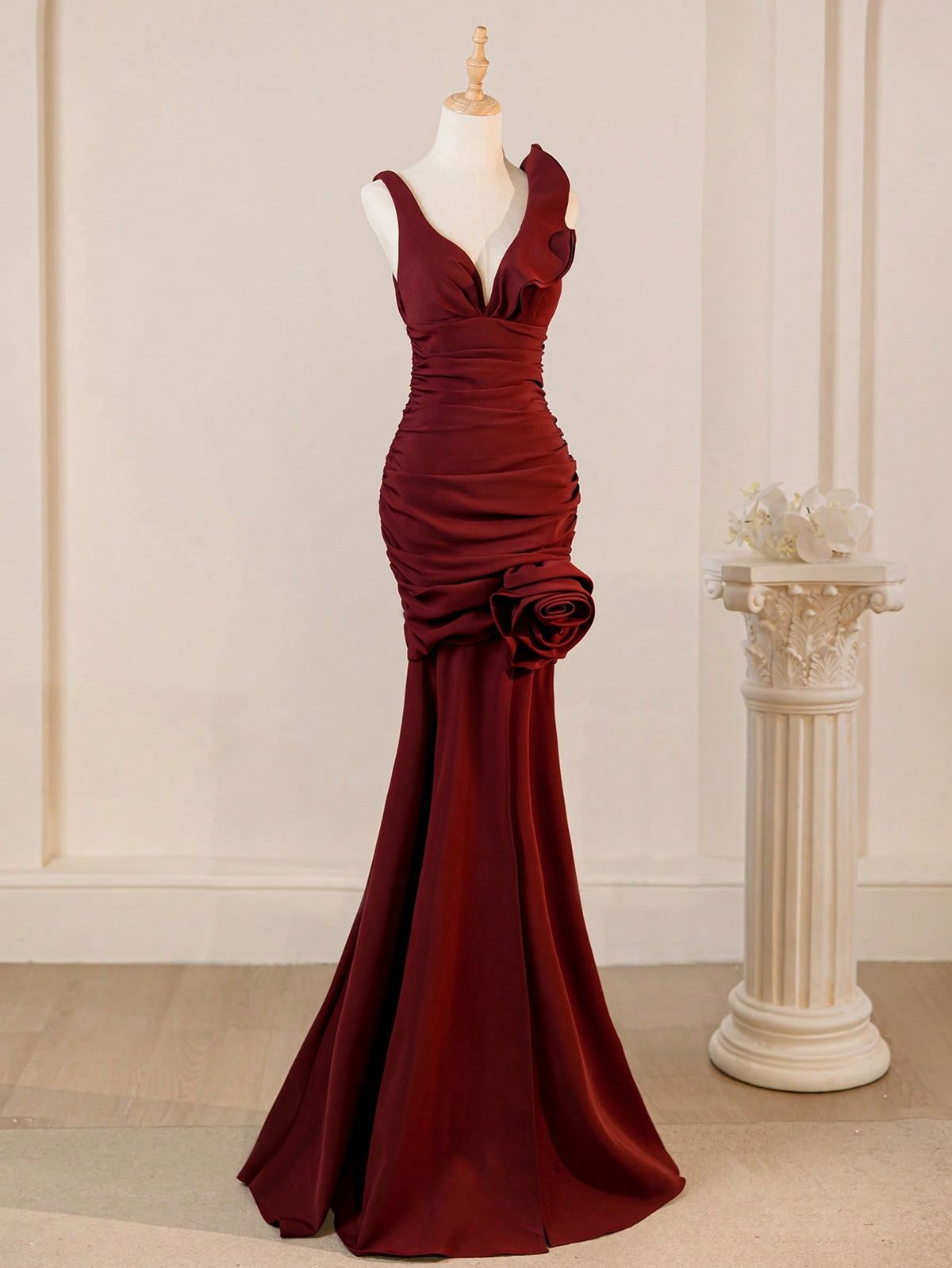 Sexy Mermaid V Neck Burgundy Satin Flower Long Prom Dresses Formal Dress C5640