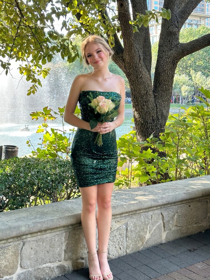Sparkles Mermaid Strapless Dark Green Sequin Short Homecoming Dress 21th Birthday Outfits C5670