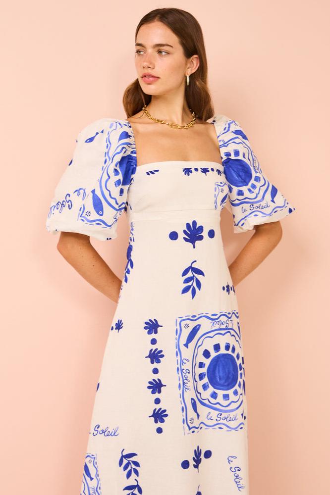 Sleeve Mediterranean-Puff Midi Dress