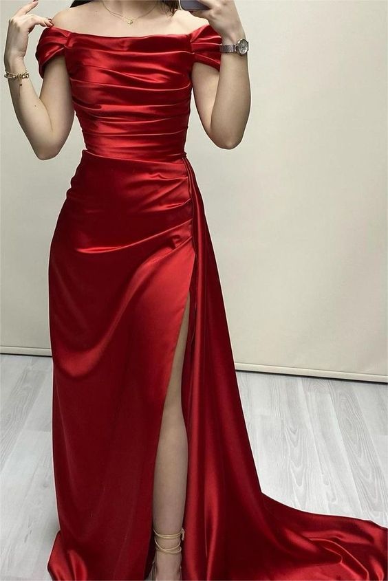 Elegant Burgundy Mermaid Off The Shoulder Satin Slit Long Prom Dresses Formal Dress C5765