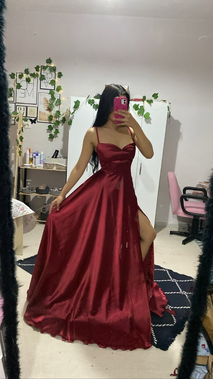 Elegant Burgundy A Line Spaghetti Straps Satin Slit Long Prom Dresses Formal Dress C5766