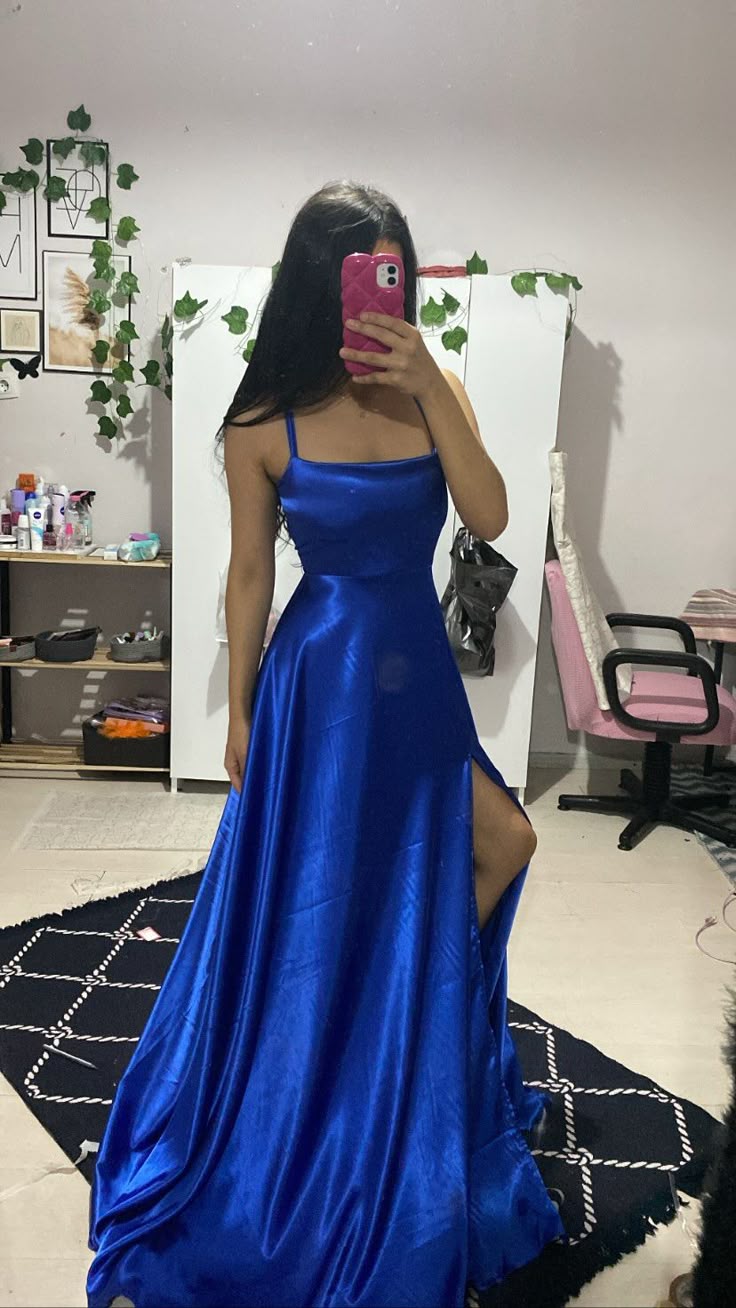 Classy Royal Blue A Line Spaghetti Straps Satin Slit Long Prom Dresses Formal Dress C5767