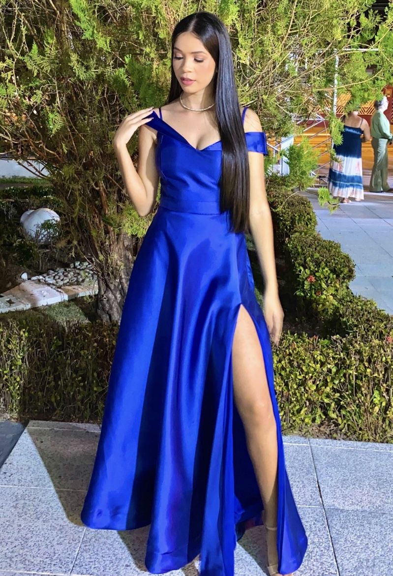Chic Royal Blue A Line Off The Shoulder Satin Slit Long Prom Dresses Formal Dress C5768