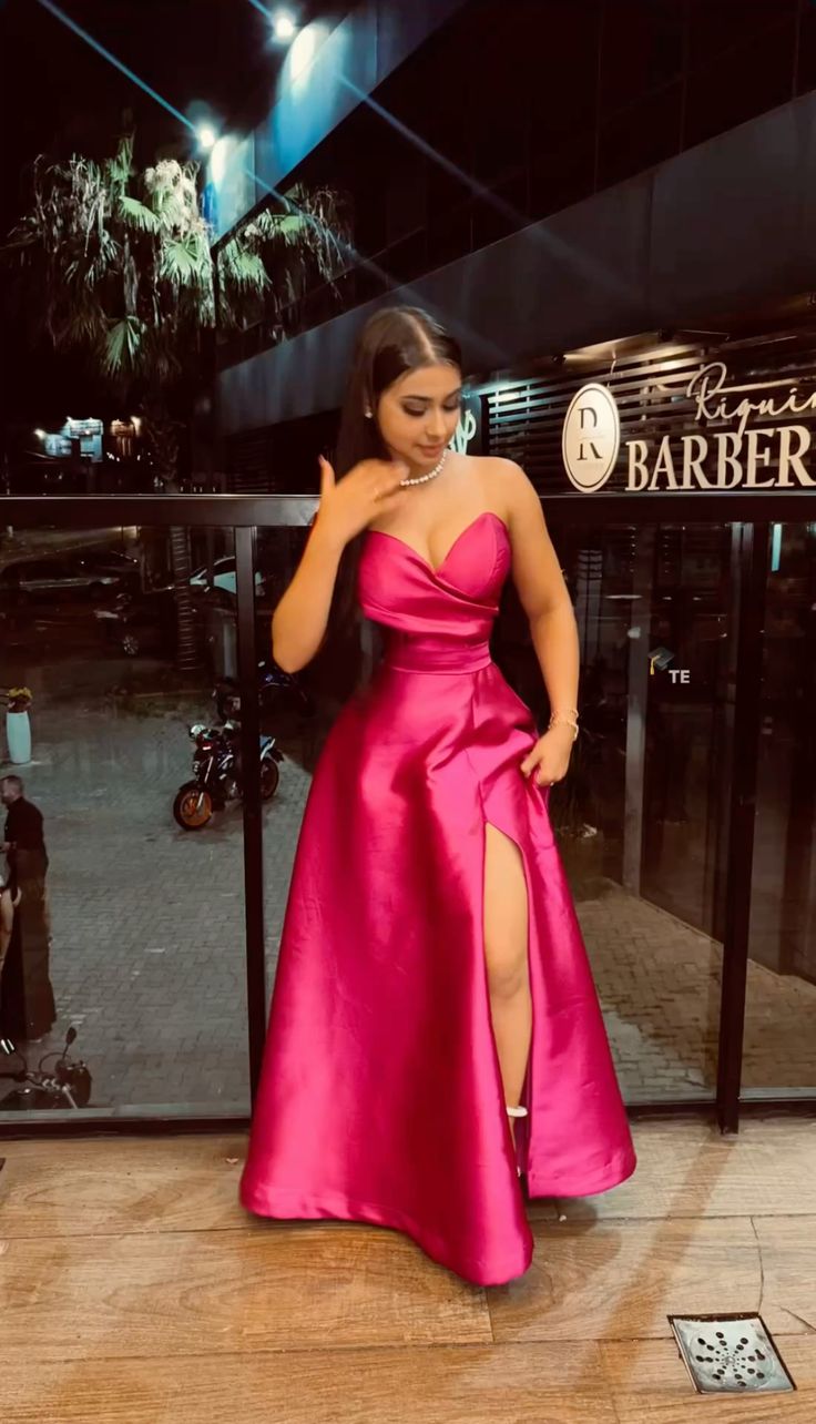 Hot Pink A Line Strapless Satin Slit Long Prom Dresses Formal Dress C5769