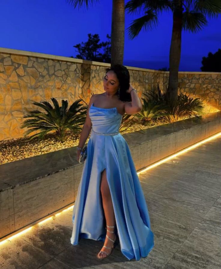 Pretty A Line Strapless Satin Slit Long Prom Dresses Formal Dress C5770