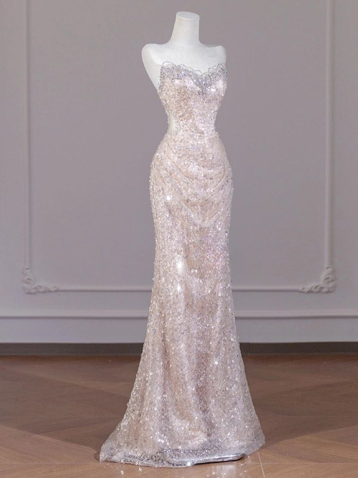 Shiny Mermaid Strapless Tulle Sequin Long Prom Dress,Formal Evening Dress C6026