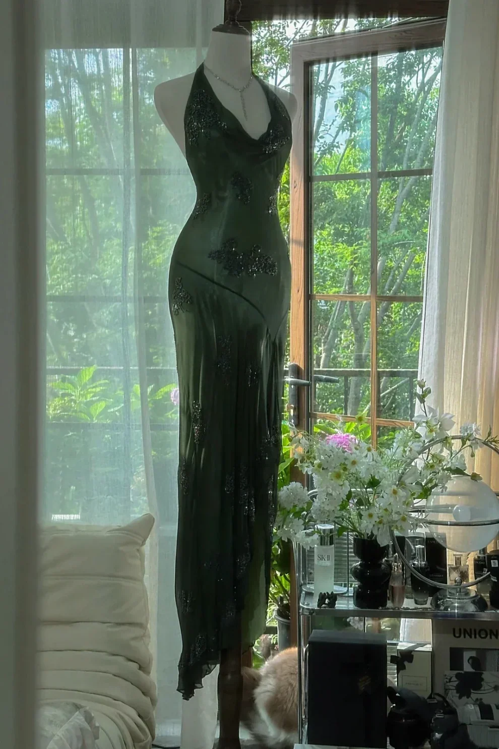 Sexy Mermaid Halter Dark Green Chiffon Sequin Long Prom Dress, Evening Dress C6115