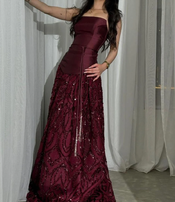 Shiny A Line Strapless Satin Tulle Sequin Long Prom Dress, Evening Dress C6118