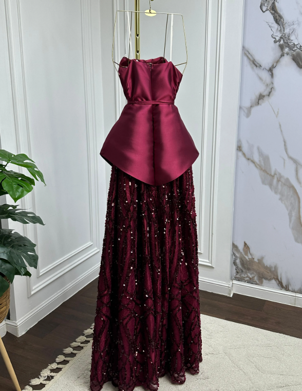 Shiny A Line Strapless Satin Tulle Sequin Long Prom Dress, Evening Dress C6118