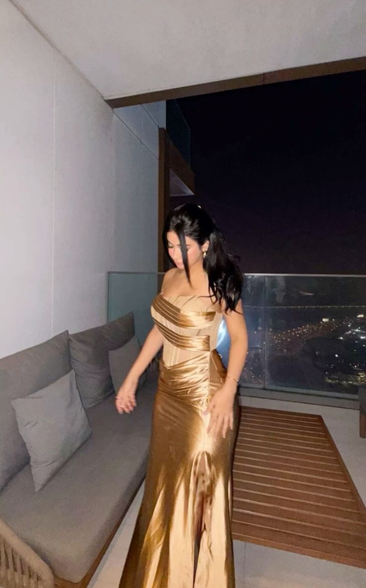 Classy Golden Mermaid Strapless Satin Long Prom Dress, Evening Dress C6120