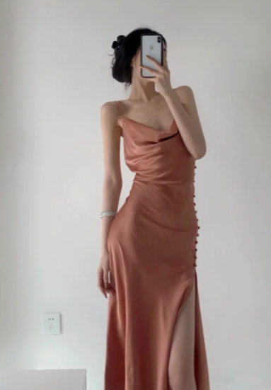 Sexy Mermaid Spaghetti Straps Satin Slit Long Prom Dress, Evening Dress C6122