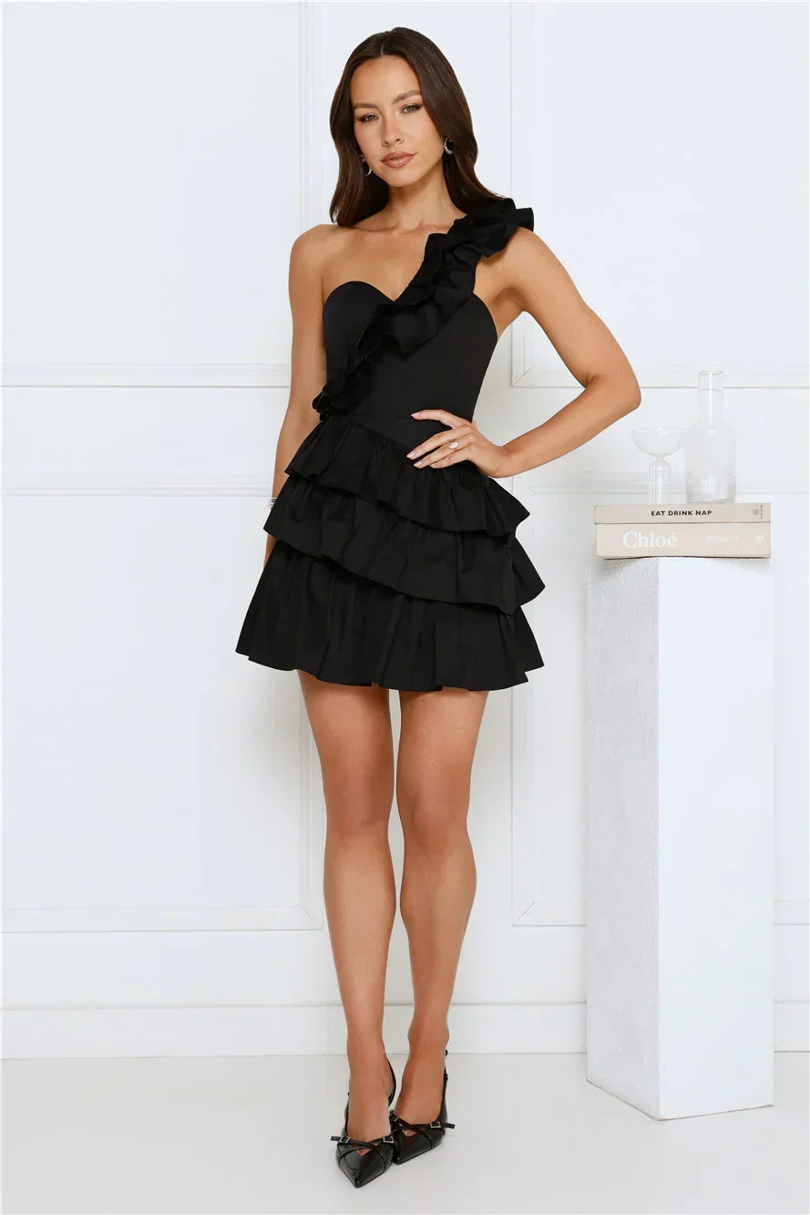 One Shoulder Ruffle Trim Sweetheart Tiered Ruffle Mini Dress 6