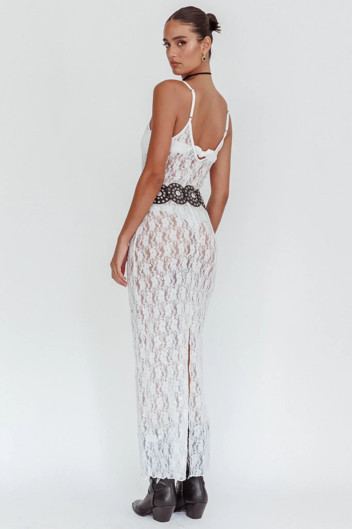 Sheer Lace Sequin V-Neck Spaghetti Strap Column Maxi Dress 3