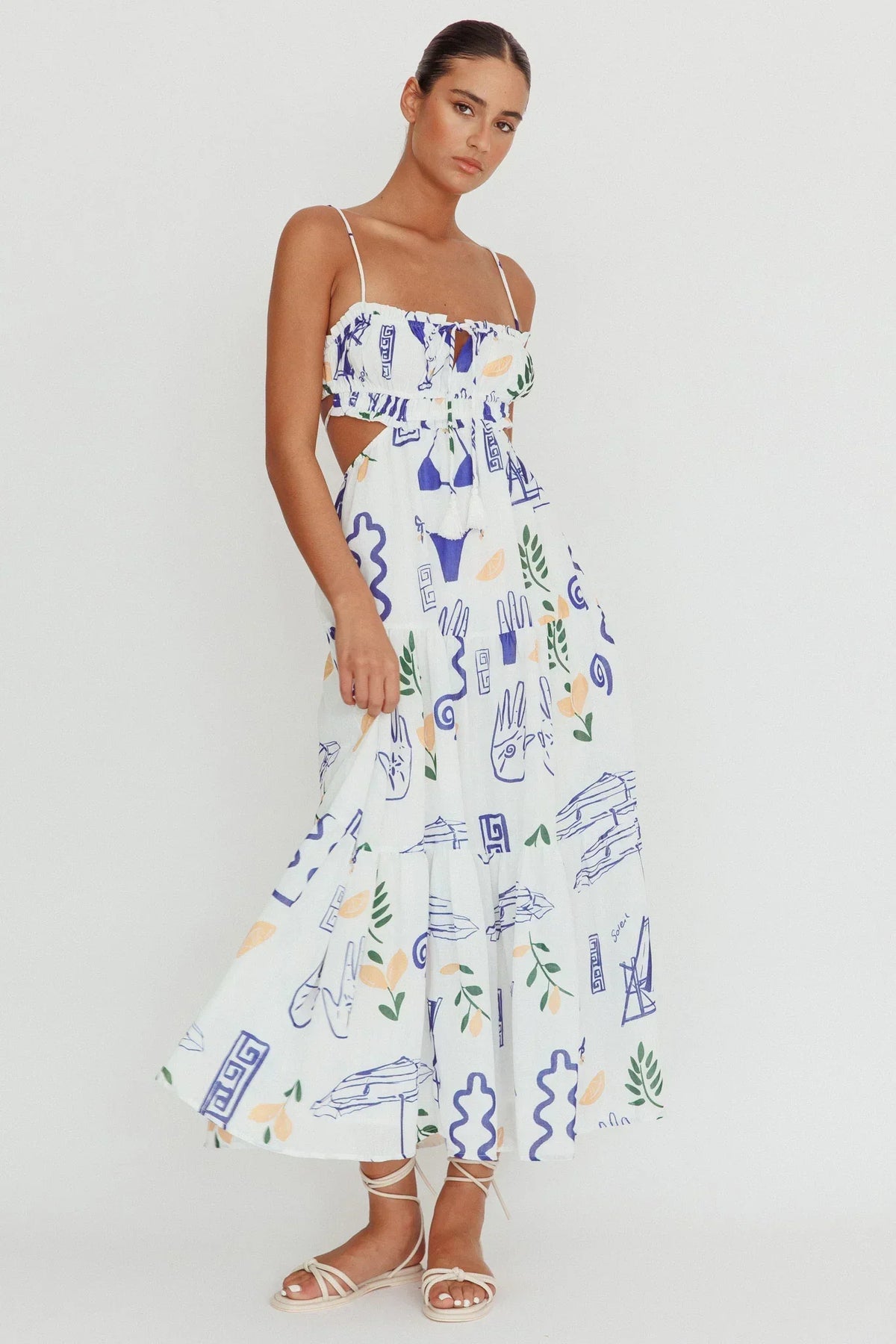 Abstract Print Shirred Bodice Cut Out Back Tie Front Tiered Maxi Dress 5