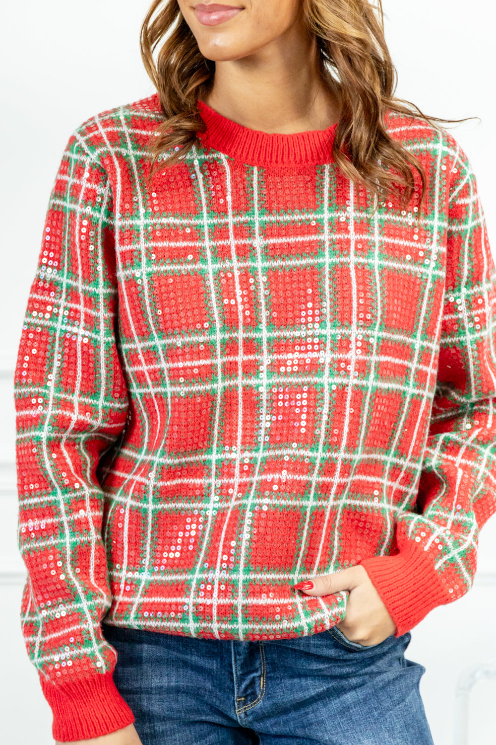 Glittering Plaid Sequin Sweater